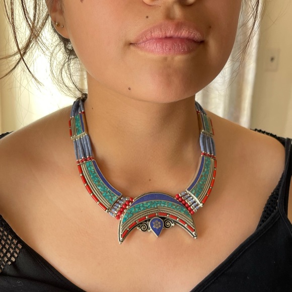 Gorgeous crescent moon Tibetan silver turquoise, lapis and coral necklace - Picture 2 of 5